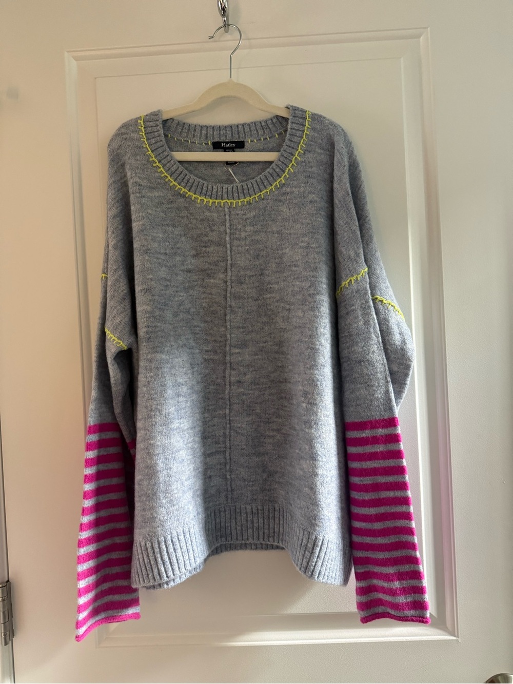 Hatley Gray Crewneck Sweater with Pink Striped Sleeves and Yellow Trim. (NWT) XL